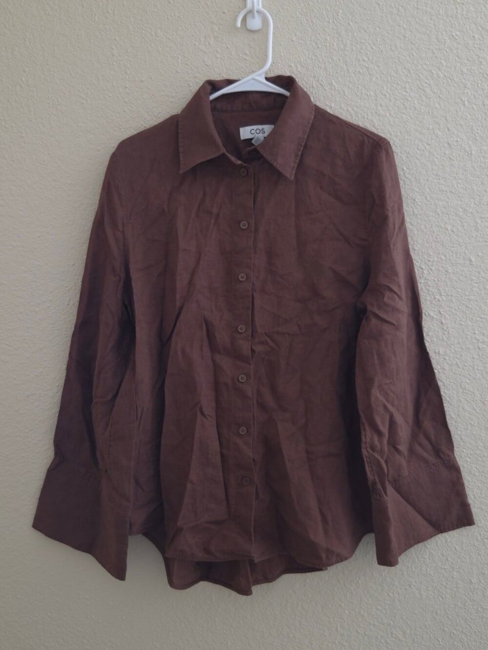 COS Womens Button Down Shirt Size 8 Brown Linen Long Sleeve Minimalist Wide Cuff
